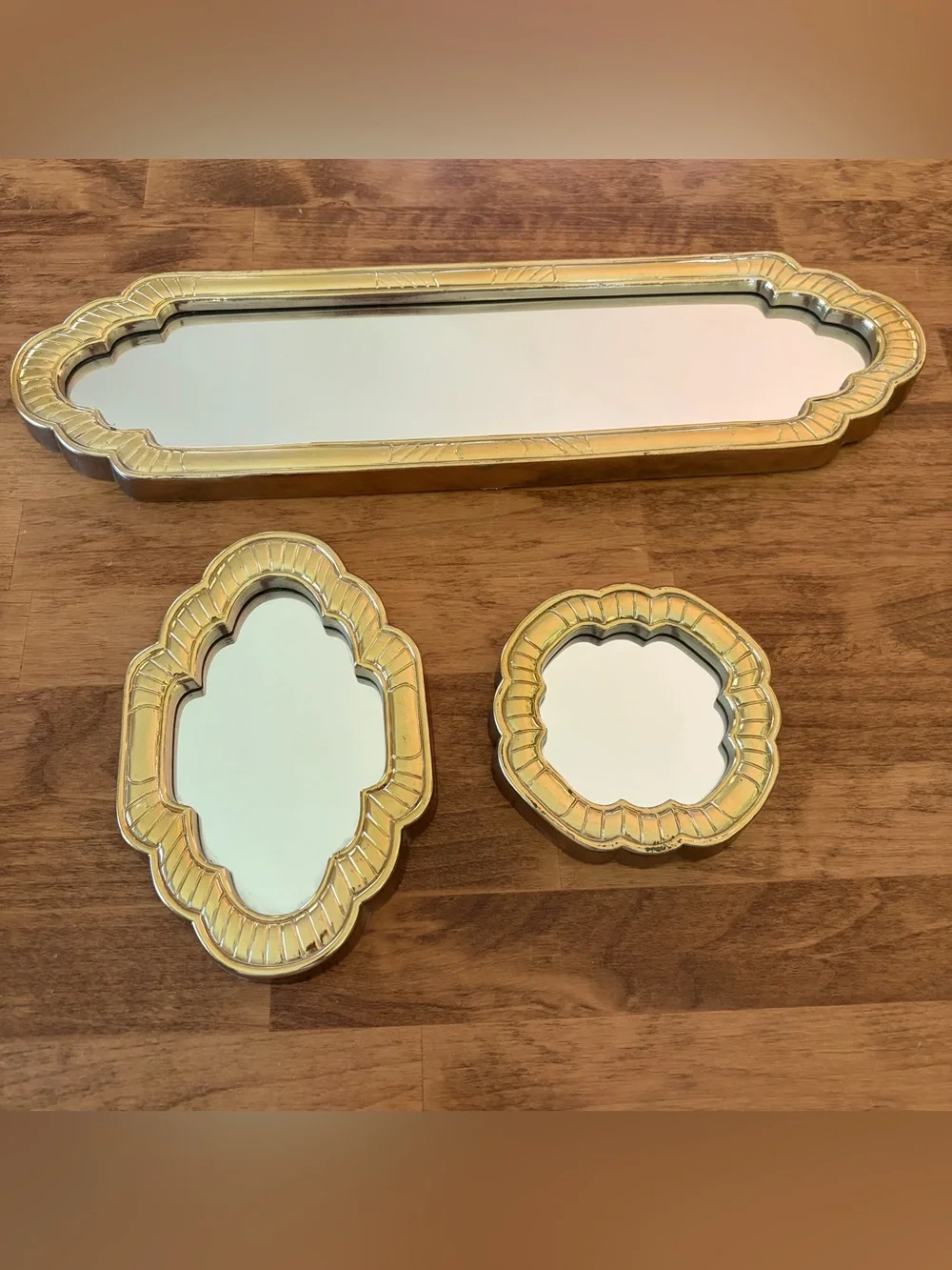 VTG Home Interior Wall Mirrors Set of 3 Gold Tone 18x5 / 7.5x5 / 5x5 Plastic